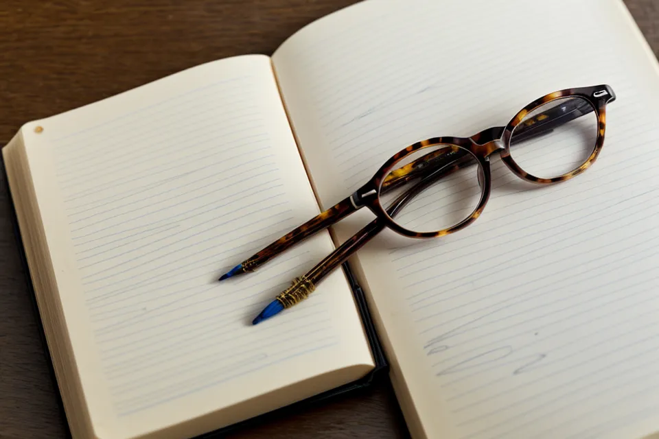 Handwritten vision journal with reading glasses on a wooden desk