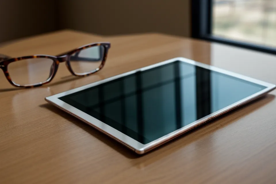 Reading glasses resting on a tablet screen, showing the digital eye strain behind dry eye relief
