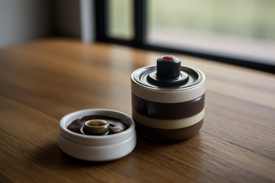 Single eye health supplement capsule beside a coffee cup during a morning routine