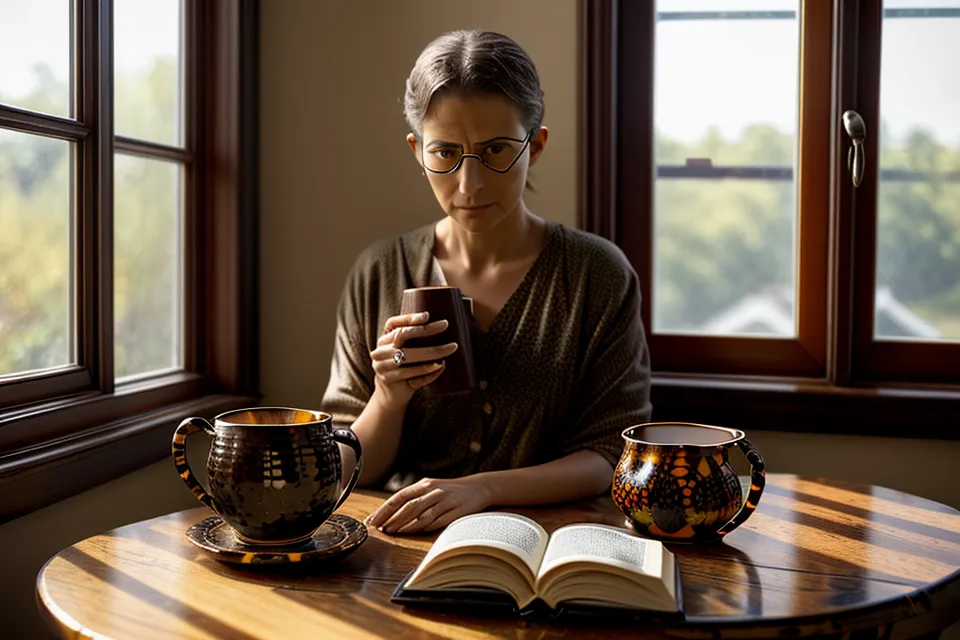 Close-up of reading glasses and tea on a wooden side table.
