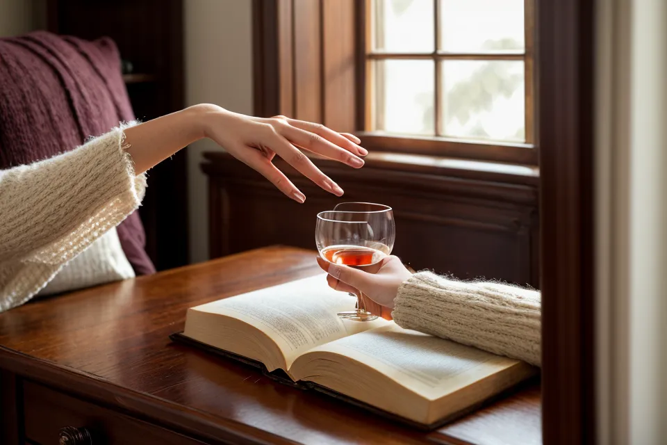 Hand reaching for reading glasses on a mahogany nightstand in soft evening light.