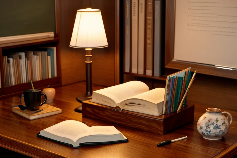 Close-up of reading glasses and a blurred book on a teacher's desk.