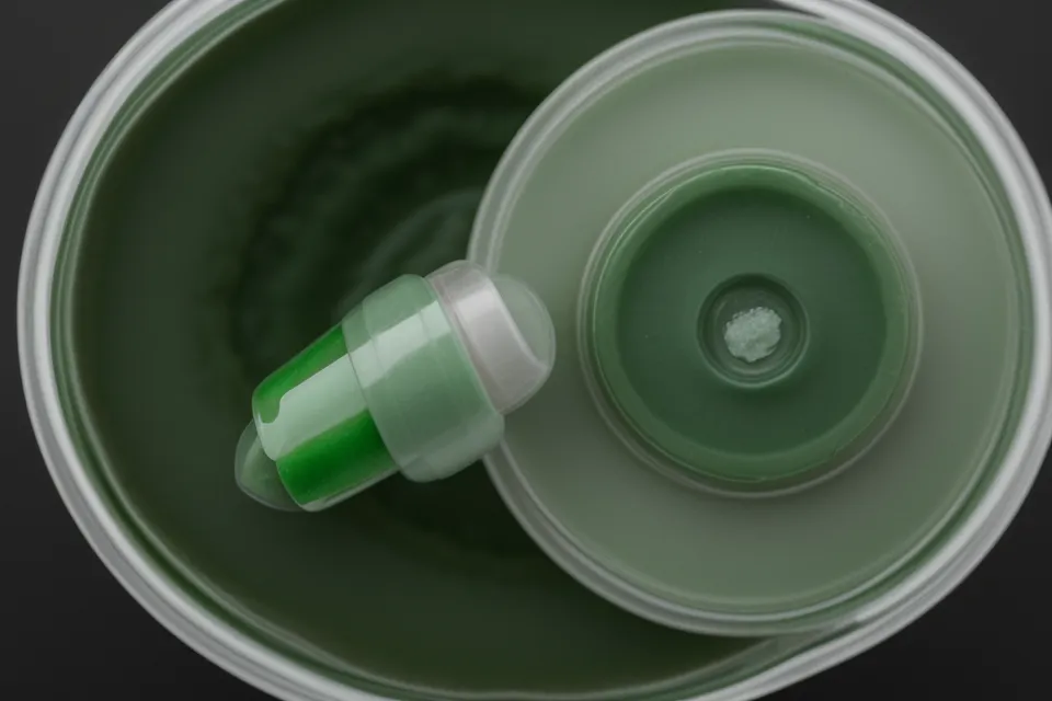 Close-up of a vision supplement capsule held by a woman.