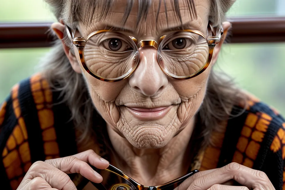 Close-up of a woman's hand holding reading glasses against a bookshelf background.