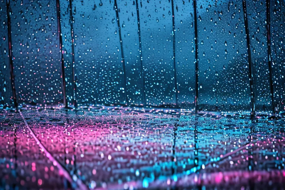 Blurred headlights and starbursts through a rainy car windshield at night.