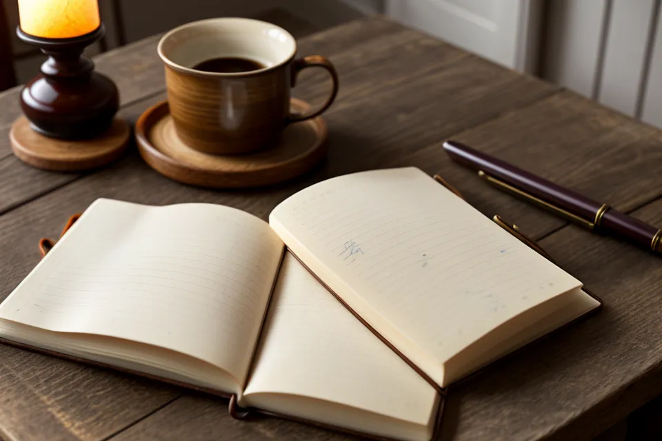A handwritten vision journal with reading glasses and a cup of tea.